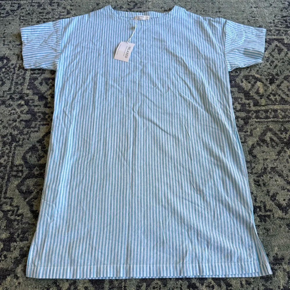 NWT- MSRP $70 Organic Cotton & Linen Paradise Aqua Stripe LARelaxed Shirt Dress - Picture 2 of 10